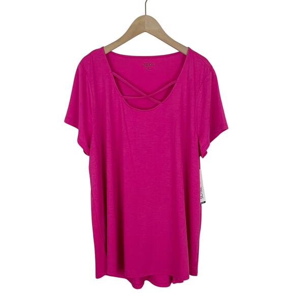 NWT Zelos Bright Pink Criss Cross Strappy Front Short Sleeve Tee T-Shirt Size XL - Picture 1 of 6